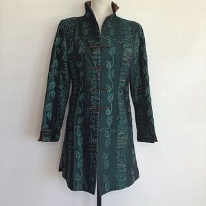MINIYE ASIAN WOMEN ELEGANT TEAL GREEN EMBROIDERED FLORAL DESIGN SILK COAT SZ XL